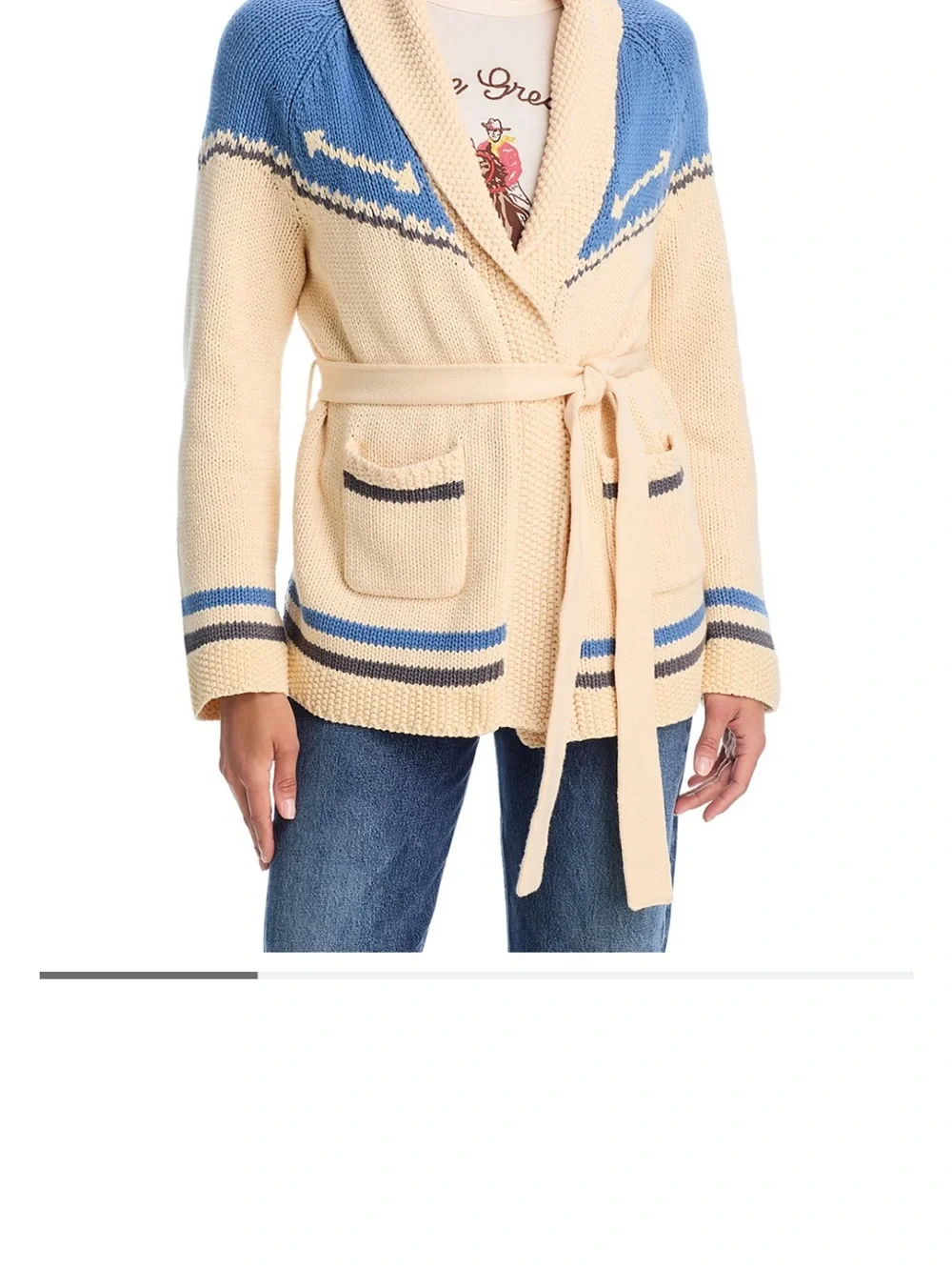 THE GREAT. Cream and Blue Belted Shawl-Collar Cardigan